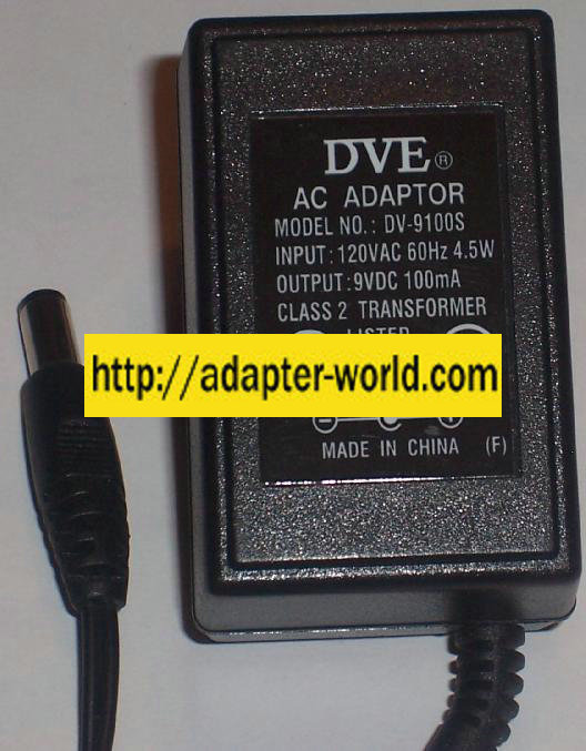 DVE DV-9100S AC ADAPTER 9VDC 100mA 4.5W POWER SUPPLY - Click Image to Close